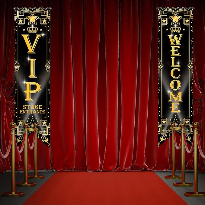 Blulu VIP Party Decorations Roaring 20s Movie Night Banner VIP Porch Sign Movie Theater Now Showing Hanging Porch Sign 1920s Party Supplies(Black)