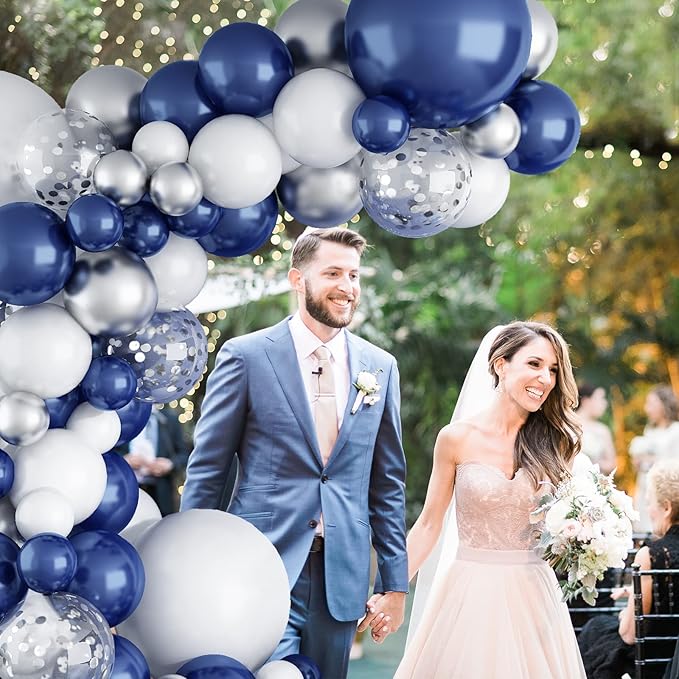 144PCS Navy Blue Silver Balloons Garland Kit, 18 12 10 5 inch Blue White Balloons and Silver Confetti Balloon Garland, Navy White Balloon for Graduation Birthday Baby Shower Wedding Party