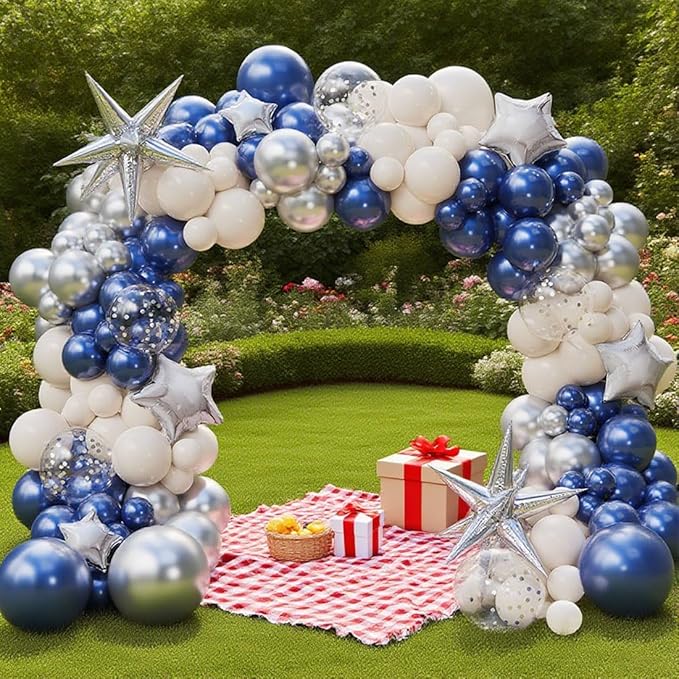Navy Blue Sliver Sand white Balloon Garland Arch Kit, Royal Blue White Metallic Sliver Confetti Mixed Sizes Balloons for Anniversary Baby Shower Wedding Birthday Party Decorations