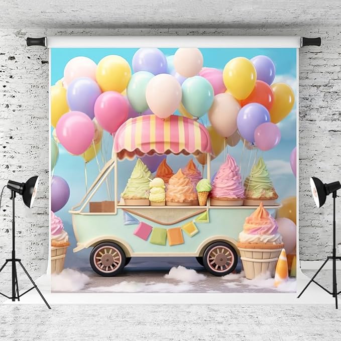 Kate 10x10ftSummer Ice Cream Car Backdrop for Photography Colorful Balloons Cake Smash Blue Sky Birthday Party Background for Kids Photo Props