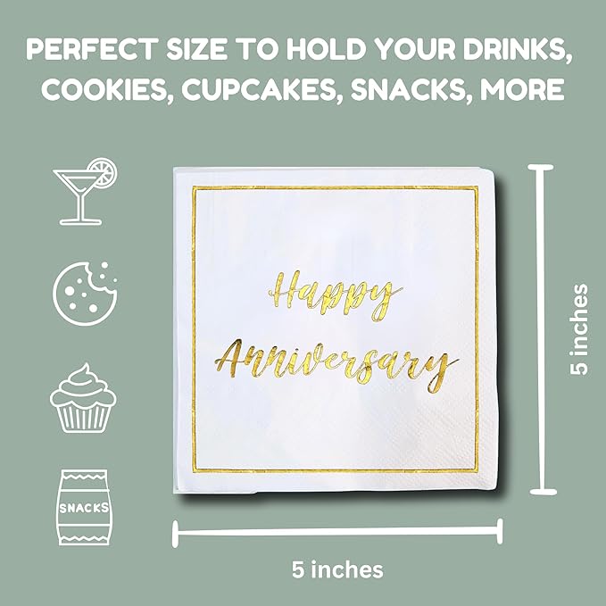 Happy Anniversary Decorations, 50 Pack, Gold Foil Cocktail Napkins, Wedding Dating Anniversaries Decorations Decor Supplies, Beverage Napkin