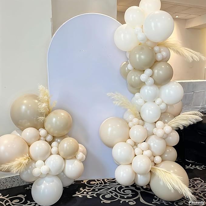 White Balloon Garland Arch Kit, 120pcs Sand White Balloon Arch Kit, Double Stuffed and Pearl Balloon with Black Long Balloons Different Sizes for Boho Birthday Wedding Baby Shower Party Decorations
