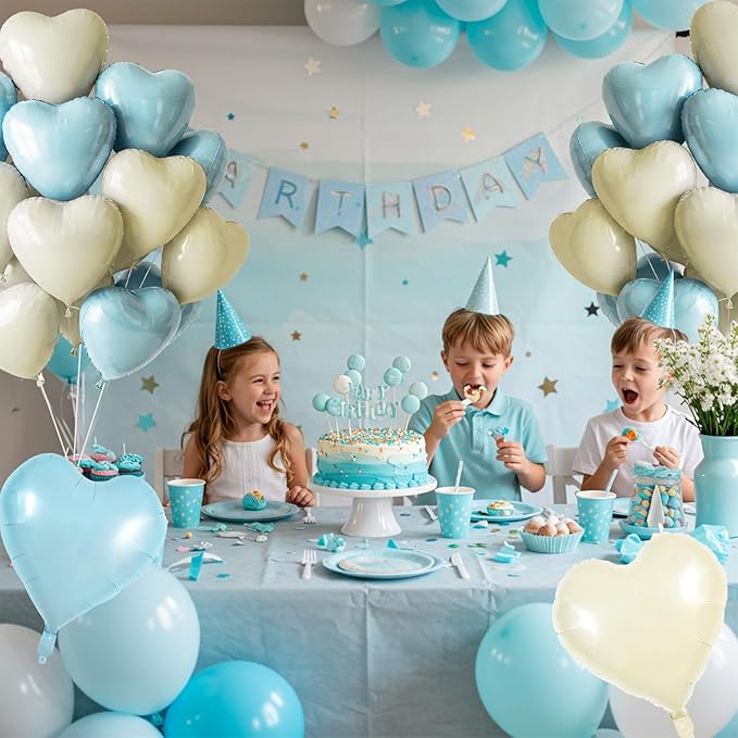TONIFUL 30Pcs 18 Inch Light Blue Cream White Balloons Pastel Blue Heart Shape Foil Mylar Banners Decoration for Birthday Valentine's Day Wedding Bridal Shower Anniversary Engagement Party Supplies