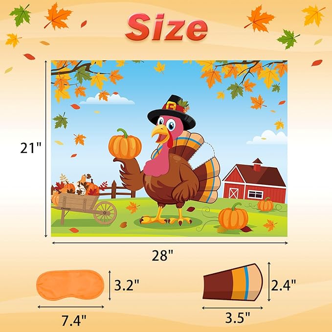 Pin The Tail on The Turkey Party Game with 24 PCS Tails for Kids Thanksgiving Fall Family School Games Activities