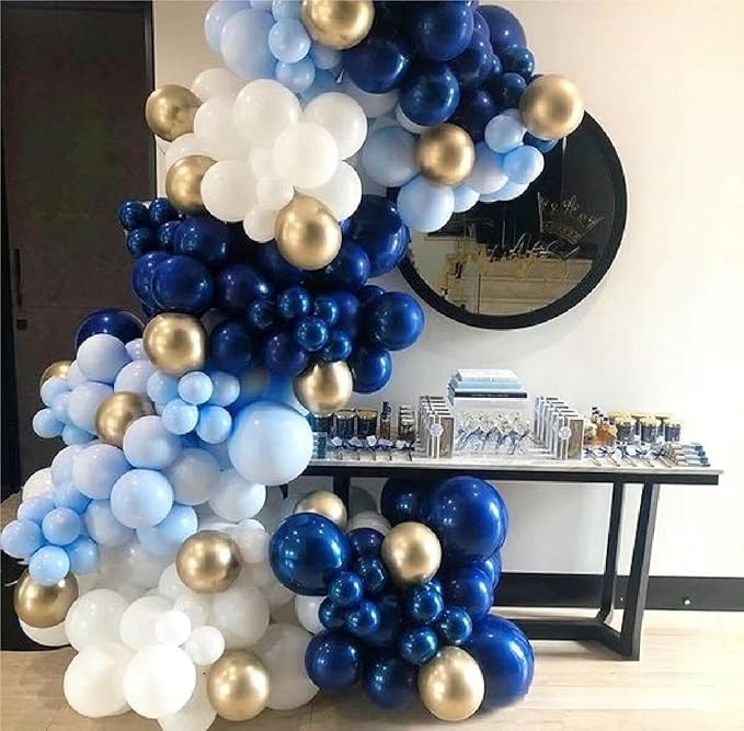 Blue White Gold Balloons Garland Arch Kit, 141Pcs Latex Balloons Different Sizes 18 12 10 5 Inch for Birthday Baby Shower Gender Reveal Wedding Party Decoration