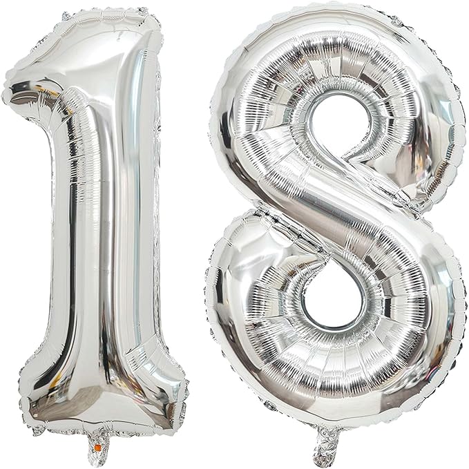 Large Silver 18 Number Balloons, 40 Inch Jumbo Number 18 Balloon, Silver Foil Mylar Balloons for Girl Sweet 18th Birthday Party, Anniversary Decorations