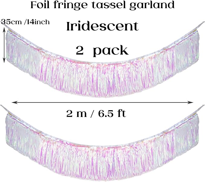 Premium Iridescent Fringe Tinsel Garland for Party Decorations -4 Layers Thick, 2 Pack | LILF Foil Metallic Tinsel Banner Party Streamers for Wedding Birthday Christmas Decoration