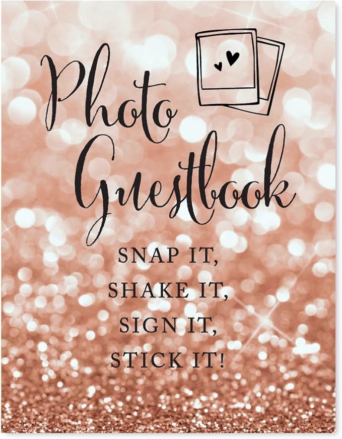 Andaz Press Wedding Party Signs, Glitzy Rose Gold Glitter, 8.5x11-inch, Photo Guestbook Snap It, Shake It, Sign It, Stick It, Polaroid Sign 1-Pack, Bokeh Colored Party Supplies