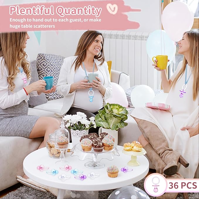 Pacifiers for Baby Shower Game, 36PCS Plastic Pacifiers for Baby Shower Decoration DIY, Large Size Baby Shower Pacifiers, Gender Reveal Party Table Scatter/Hunt Baby Shower Game Props(Pink, 2.75 in)
