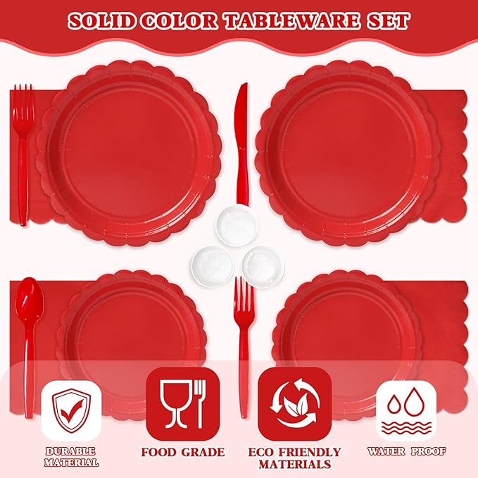 Vyntra 175 Pcs Red Disposable Paper Plates and Napkins Set for 25, 9" Dinner Plates & 7" Dessert Plates, Tableware for Christmas, Valentine’s Day, Birthday, Party