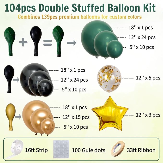 Double Stuffed Dark Green Black Gold Balloon Arch Kit - 104Pcs Emerald Green Balloon Garland with Gold Star Foil Balloons for Graduation 2026, Birthday, Wedding, Baby Shower, Jungle Party Decorations