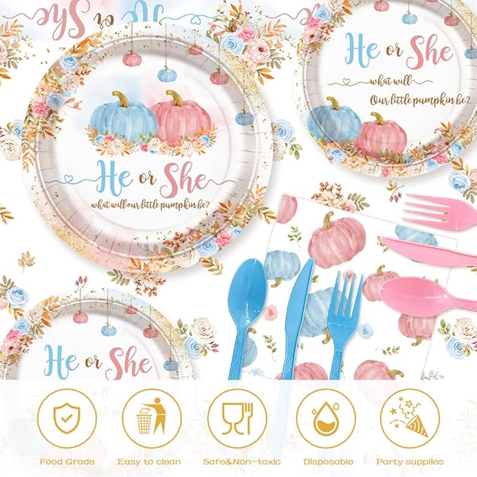 194 PCS Pumpkin Gender Reveal Decorations Pumpkin Paper Plates Cups and Napkins Sets He or She Baby Gender Reveal Party Supplies Disposable Tableware Set with Tablecloth Serves 24 Guests