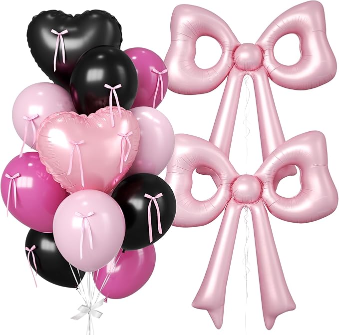 Pink and Black Heart Balloons, 38 Inch Bow Balloons, Black Hot Pink Pastel Balloon with Bow Ribbons for Women Birthday Anniversary Wedding Bridal Baby Shower Valentines Day Decorations