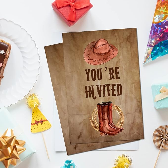 Soiceu Retro Counrty Western Birthday Party Invitations with Envelopes Set of 20 Wild West Cowboy Birthday Party Invites for Men