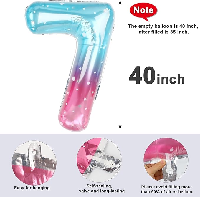 40 Inch Number 7 Balloon, Pink Purple Blue Seven Birthday Decor, 7 17 27 70 Year Old Balloon Number for Engagement, Wedding, Graduations