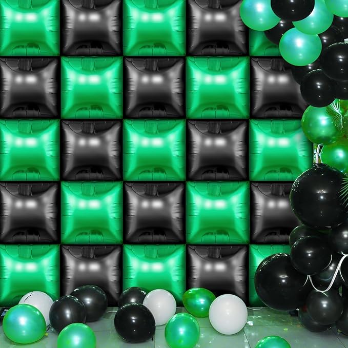 25 Pcs Video Game Party Double Sided Square Foil Balloons Wall Backdrop 19 Inches Green and Black Foil Balloons Tunnel Arch Garland Kit for Boy Game Theme Birthday Party Background Decoration