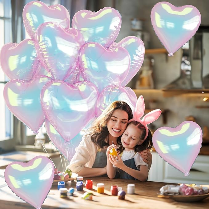 Iridescent Heart Balloons, 9PCS 18Inch Transparent Laser Heart Foil Balloon Large Gradient Crystal Iridescent Colorful Balloon for Birthday Wedding Easter Rainbow Mermaid Fantasy Theme Party Decor