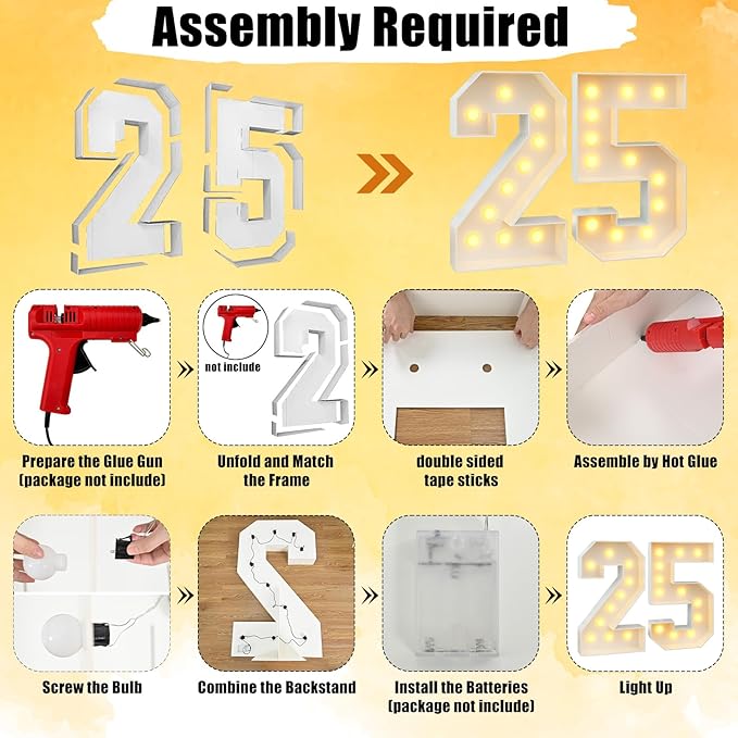4ft Light Up Numbers 25 Number with Lights Bulbs White Marquee Frame Slots-in for 25th Birthday Party Decorations Pre-Cut Mosaic Cardboard Large Cut-Out Thick Foam Board 25 Sign Graduation New Year