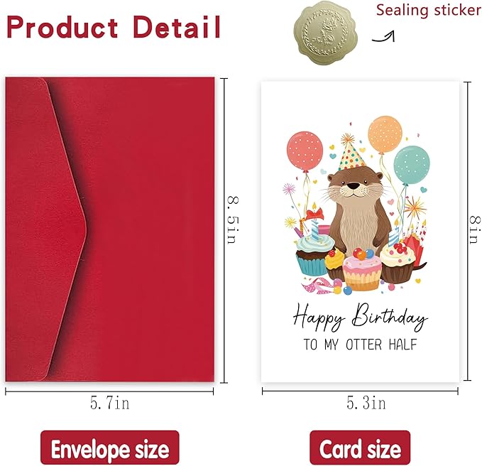 You're My Otter Half Punny Birthday Card - Cute Otter Design with Balloons & Cake | Waterproof Eco-Friendly Card for Best Friend/Family/Soulmate