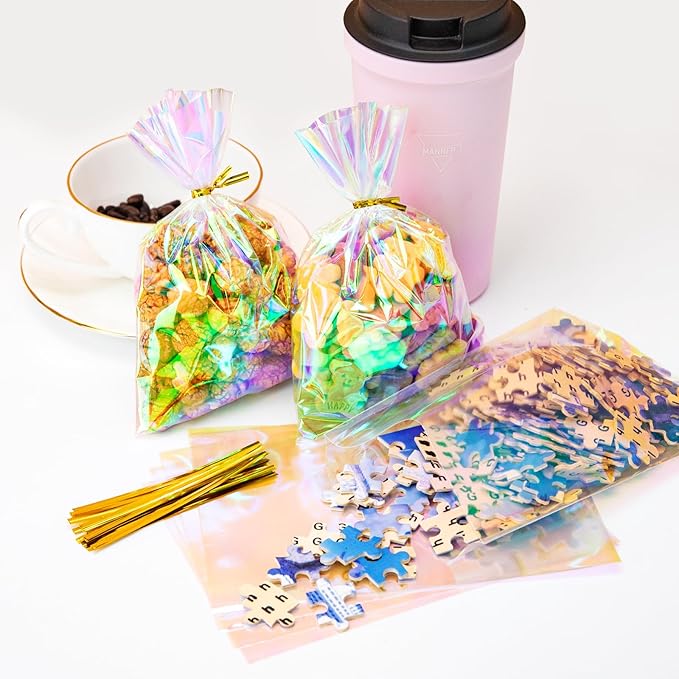 Aubeco 180Pcs Iridescent Cellophane Treat Bags with Ties, 5x7 Inch Holographic Plastic Goodie Baggies for Party Favors, Candy, Cookies Packing, Gift Wrapping