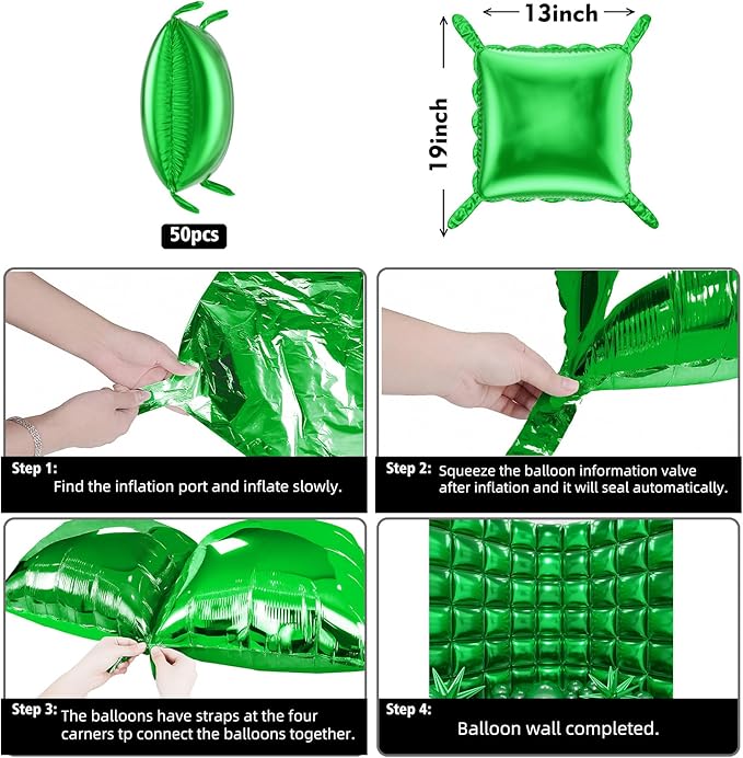50pcs Green Square Foil Balloons Wall Backdrop with 79pcs Green Balloon Garland Arch Kit, Double Sided Balloon Tunnel for Birthday Anniversary Valentine's Day Baby Shower Summer Decorations