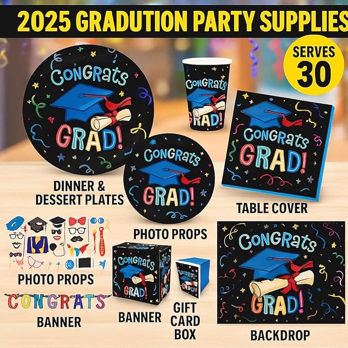 Ultimate 2026 Graduation Party Supplies Set for 30 Guests Includes Dinner & Dessert Plates Cups Napkins Table Covers Photo Props Banners Gift Card Box & Backdrop Congrats Grad Theme