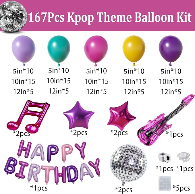 167PCS Purple Pink Teal K-Pop Music Themed Birthday Decorations with HAPPY BIRTHDAY &Musical Symbols & Disco Star & Guitar Foil Balloons for Kpop Music Girls Fans Birthday Party Grad Prom Decoration