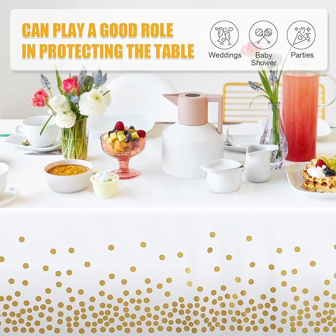 Tablecloths for Rectangle Tables,3 Pack 54" X 108" Plastic Table Cloth Disposable Table Covers Engagement Party Decorations, White Gold Dot Tablecloths Disposable Tablecloth for Weddings Buffet Tables
