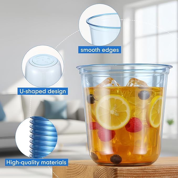100 Pcs Disposable Stemless Glasses 12oz Crystal Plastic Wine Glasses Clear Classic Pet Cup for Meeting Weddings Birthdays Cocktail Christmas Party Supplies (Light Blue)