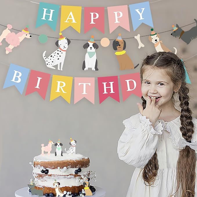 Dog Themed Happy Birthday Banner 12PCS Pet Dog Cupcake Toppers Baby Shower Party Supplies (Banner+Cupcake Toppers)