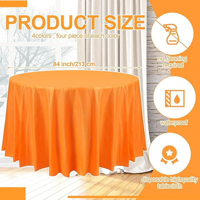 Preboun 84 Inch Large Neon Tablecloth Disposable Plastic Round Party Table Cover Decor Assorted Color Tablecloth Circle Table Cover for Wedding Birthday Picnic Tea Party Decor(Vivid Color,4 Pack)
