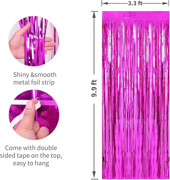 Crosize 4 Pack 3.3 x 9.9 ft Hot Pink Foil Fringe Curtains Party Decorations,Tinsel Curtain Backdrop for Parties, Door Streamers, Glitter Streamer Backdrop for Birthday Decoration