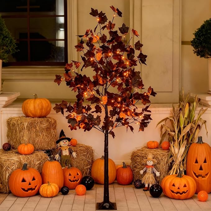 5ft Black Maple Halloween Tree with LED Skull Lights & Spiders, 128 Bulbs, Dimmable Timer, 16ft Cord, Indoor & Outdoor Decor