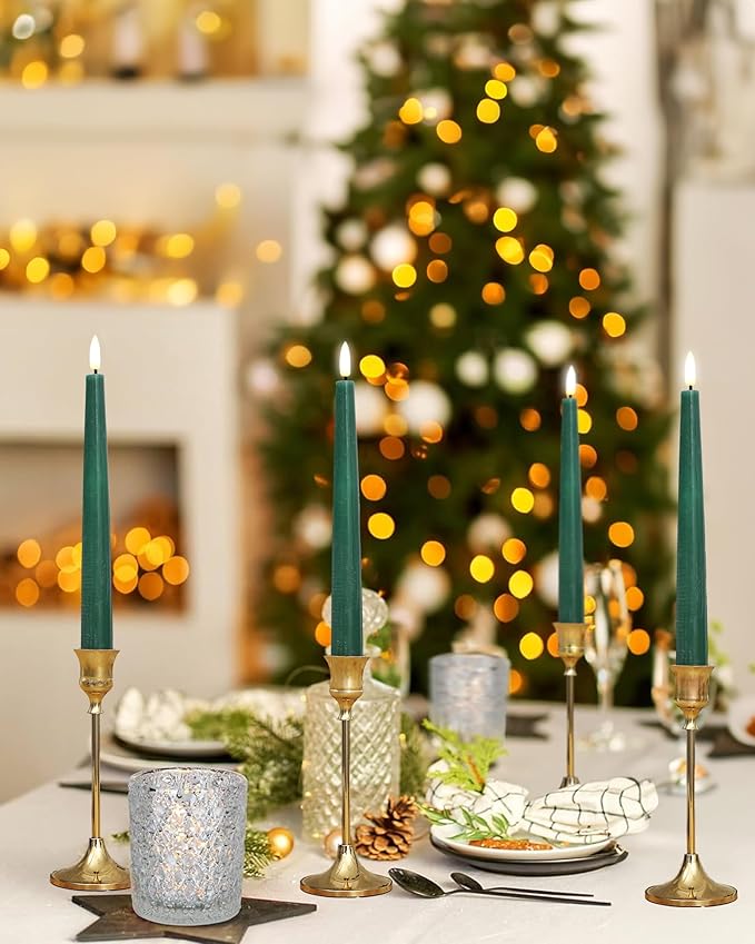 Green Flameless Taper Candles with Remote and Timer, 9.65 Inch Real Wax LED Candlesticks, Dripless Battery Operated Tall Candles with 3D Flickering Flame, 6 Pack