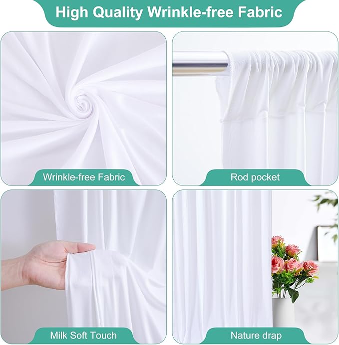 16x10FT White Backdrop Curtains for Wedding Parties, Wrinkle Free Polyester Photography Backdrop Drapes for Wedding Baby Shower Birthday Parties Stage Background Stand Decorations 4x10ft,4 Panels