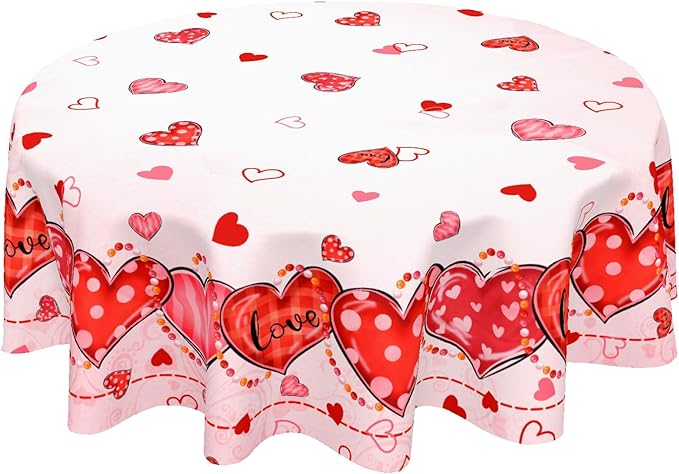 Valentine's Day Tablecloth Round 60 Inch Pink Love Hearts Table Cloth Farmhouse Valentines Table Cover for Kitchen Dinner Room Holiday Party Indoor Outdoor Home Valentine Decor