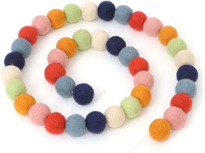 Glaciart One Felt Ball Garland - Pom Pom Garland - 9 Feet, 40 Balls, 7 Gender Neutral Colors, Nursery Decor, Bunting, Birthday Party Decorations, Easter, Photo Prop
