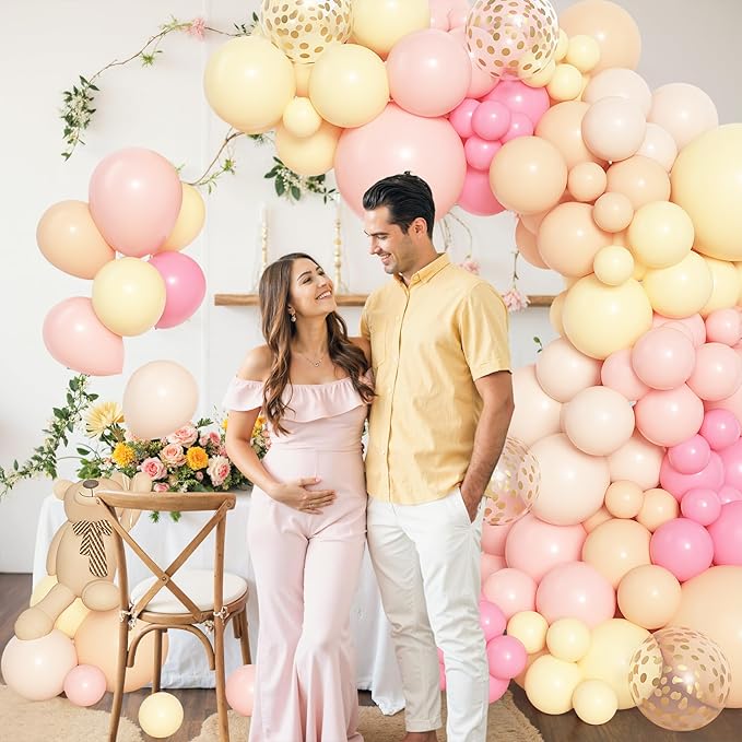 Amandir 153pcs Pink and Yellow Balloon Arch Garland Kit, Different Sizes 18 12 10 5 inch Pink Pastel Yellow White Sand Cream Gold Confetti Balloons for Birthday Party Bee Bear Shower Decorations