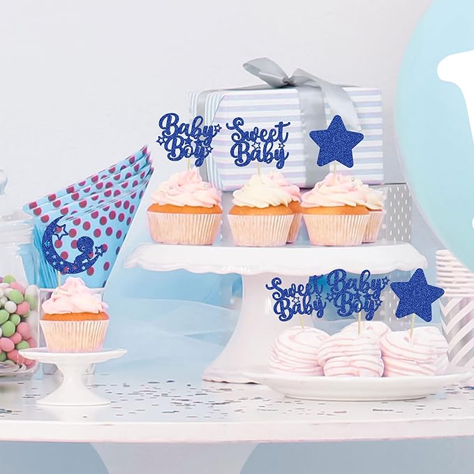 Gyufise 24Pcs Baby Shower Boy Cupcake Toppers Glitter Star Moon Sweet Baby Boy Cupcake Picks Baby Shower Boys Birthday Party Cake Decorations Supplies Deep Blue