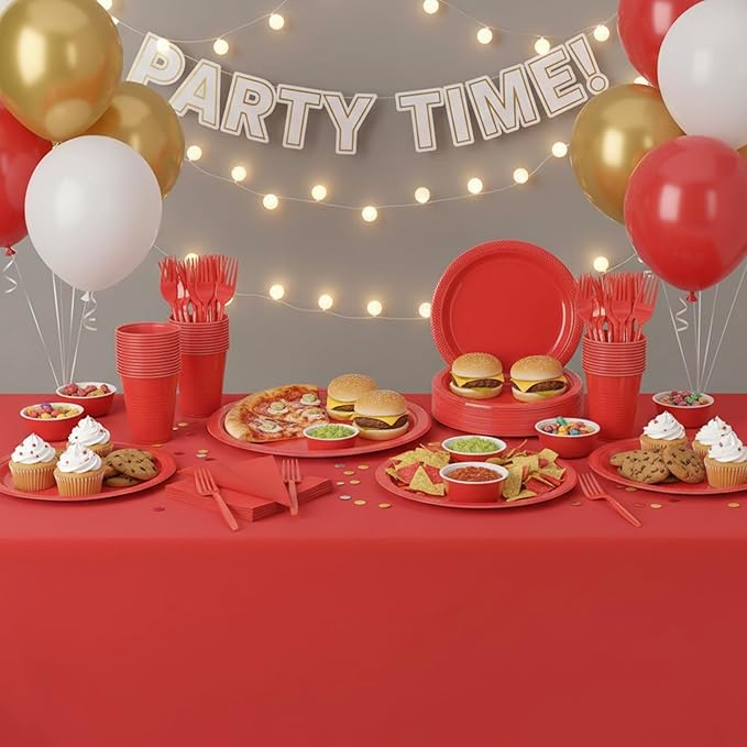 Red Plastic Plates Tableware Set - 50 Guest - 7&9inch Plates,Napkins,Forks,Cups & Tablecloths,Disposable Party Supplies for Birthday,BBQ,Christmas