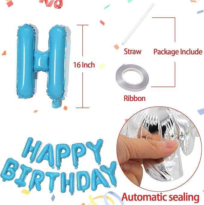 KALOR Light Blue Happy Birthday Balloons Banner, 16 Inch Mylar Foil Letters Balloon Sign for Birthday Party Decorations Photo Booth Backdrop