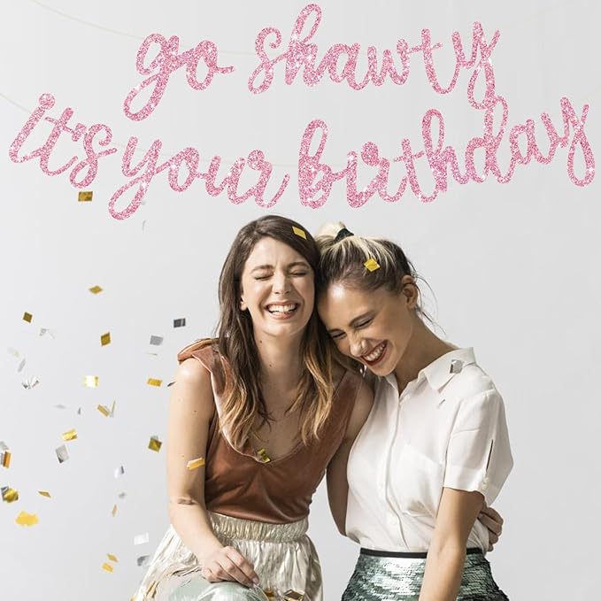 BEISHIDA Go Shawty It's Your Birthday Banner NO DIY Hip Hop Theme Happy Birthday Banner Pre-Strung Rap Theme Happy Birthday Sign for Man Women birthday Party Supply Glitter Pink