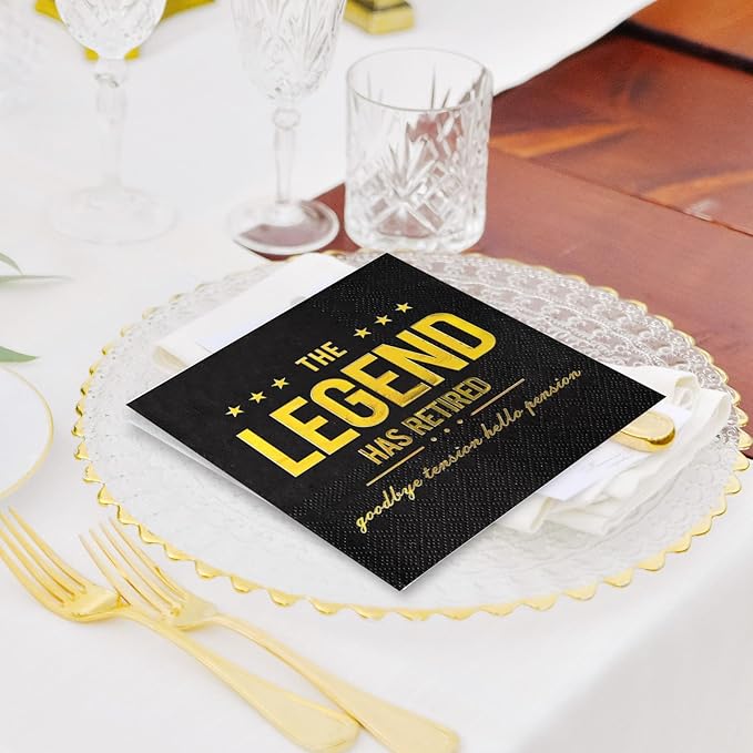 The Legend Has Retired Cocktail Napkins, 50 Pack 3-Ply Retirement Party Decorations Supplies, Black & Gold Disposable Napkins for Farewell,Coworker Goodbye & Going Away Celebration (5"x5")