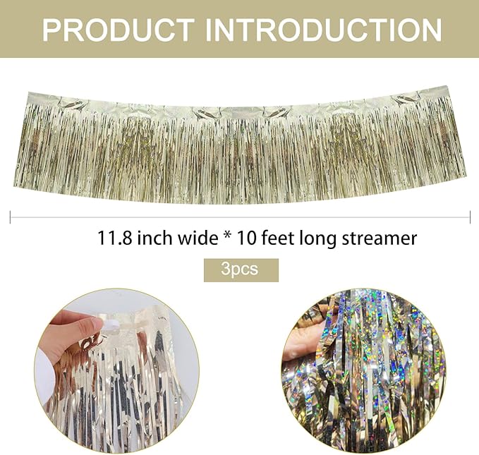 BEISHIDA 3 Packs Metallic Foil Fringe Garland Laser Champagne Wall Hanging Tinsel Fringe Banners for Car Floats Birthday Baby Bridal Shower Wedding Graduation Holiday Party Decoration(30 Feet)