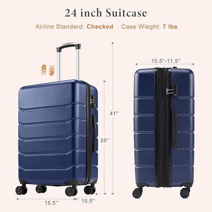 Sweetcrispy Carry on Suitcase, Luggage with Spinner Wheels, Hard Shell ABS, TSA Lock, 24 Inch Blue