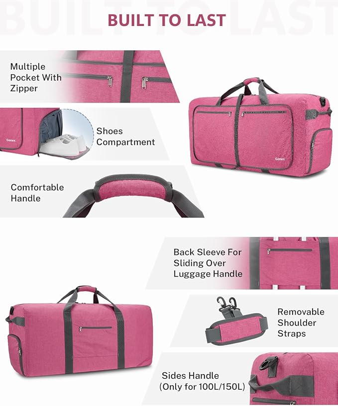 Gonex 40L 60L 80L 100L 150L Large Foldable Travel Duffle Bag with Shoes Compartment, Packable Lightweight Water Repellent Duffel Bag for Camping Gym Weekender Bag