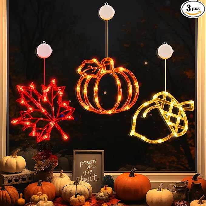 LOLStar Fall Decor Window Lights 2026 Thanksgiving Decorations Acorn Maple Leaves Pumpkin LED Lights with Suction Cups Battery Operated(Exclusive) Slow Fade Mode Timer Autumn Decorations for Home