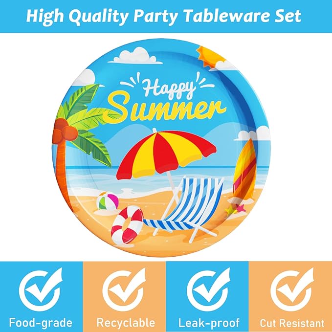 Wiooffen 48 Pcs Summer Beach Party Plates 7inch Birthday Party Disposable Paper Dessert Plate Supplies Decorations Beach Theme Plates Tableware for Birthday Baby Shower