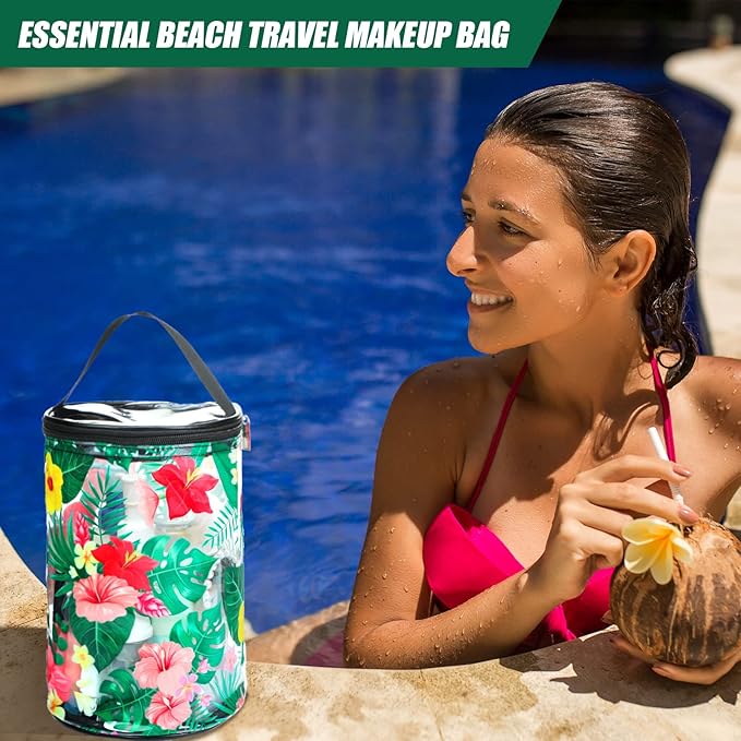 Sanwuta Beach Gifts Heavy Duty Clear Lotion Toiletry Bags for Travel Sunscreen Makeup Cosmetic Pouch Cylinder Bag Waterproof Portable Trip Bag with Handle Zipper(Hibiscus Flowers)