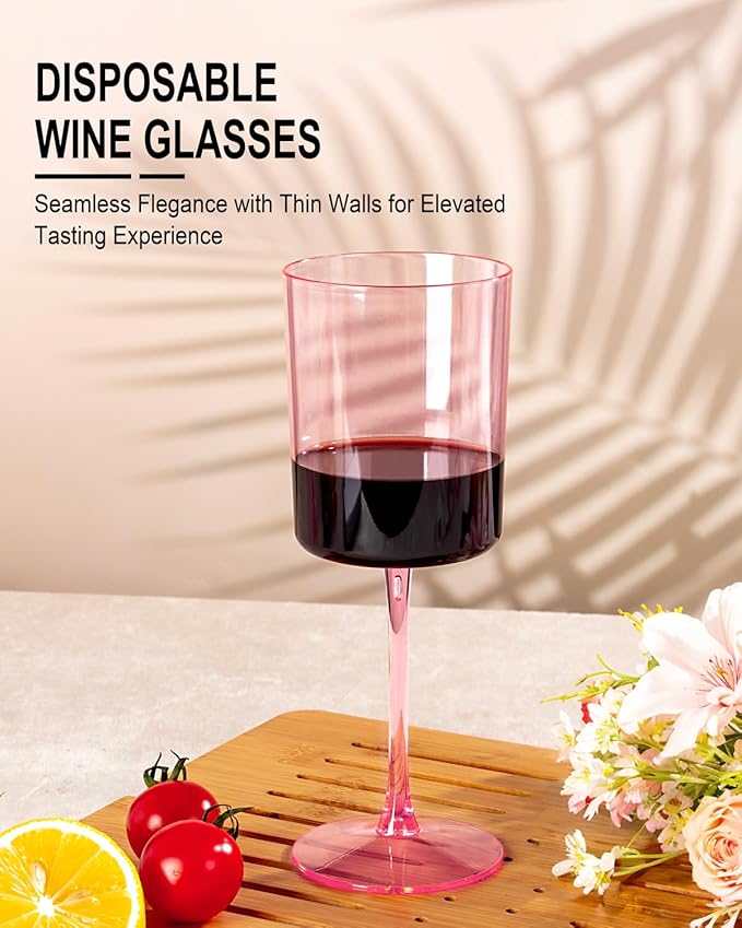 Ciaell 12 Pack Pink Plastic Wine Glasses - 10 Oz Disposable Wine Glasses with Stem for Parties & Weddings & Poolside & Outdoors & Camping & Easter